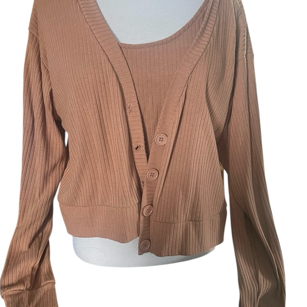 Ribbed Button-Up Cardigan and Tank Set